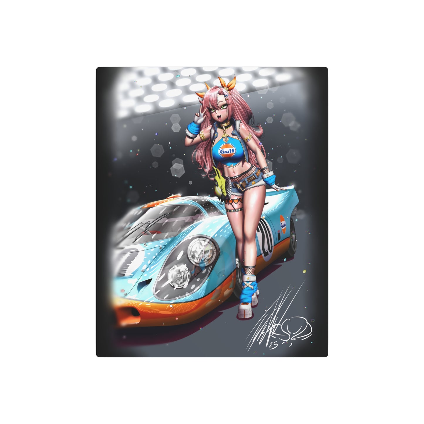 Anime Girl With Legendary Race Car Metal Print
