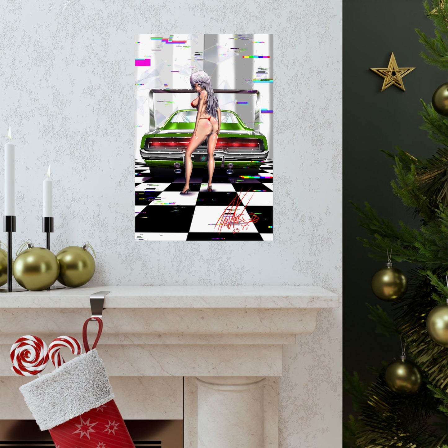 Anime Girl Pinup With Wild Muscle Car