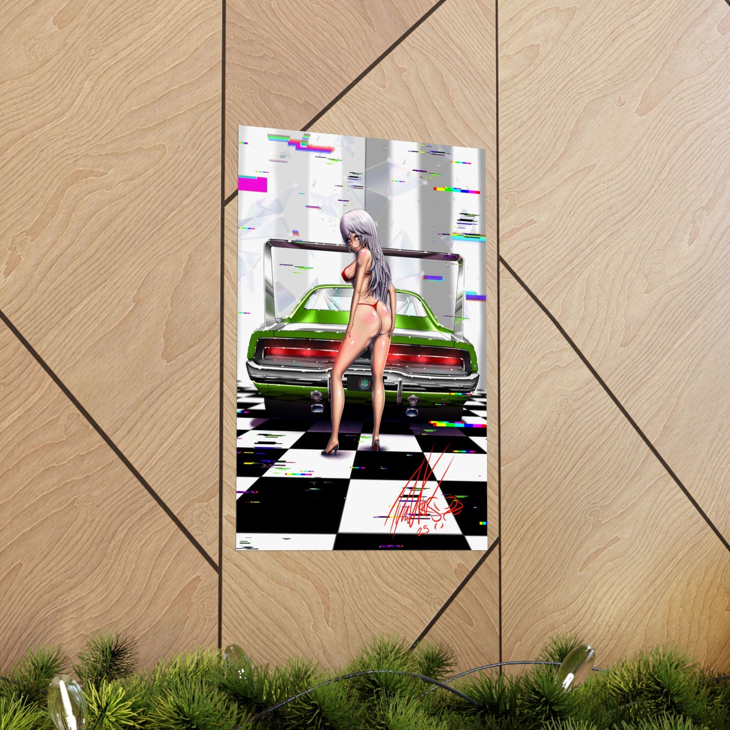 Anime Girl Pinup With Wild Muscle Car