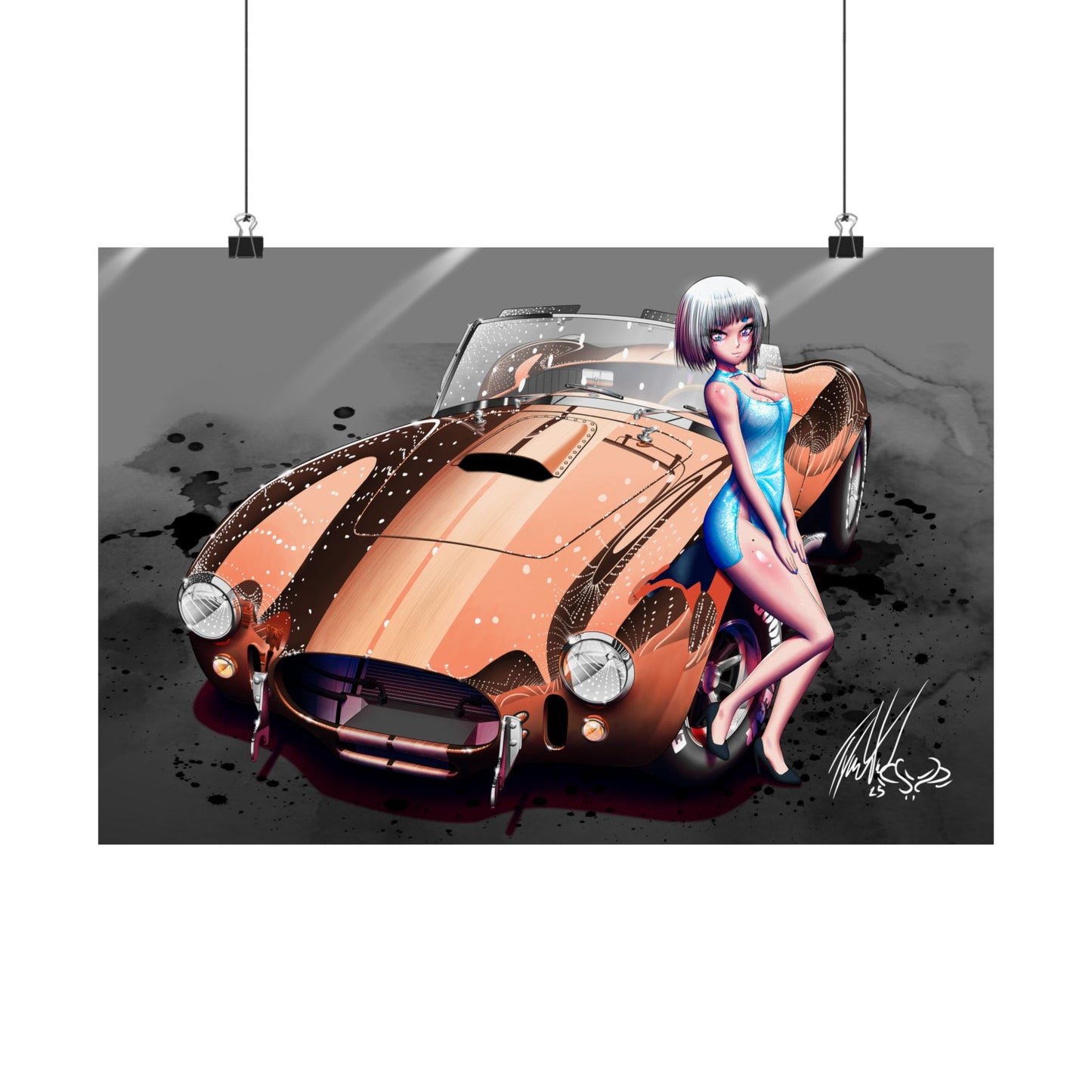 Classic Sports Car and Anime Pinup Girl Design Art