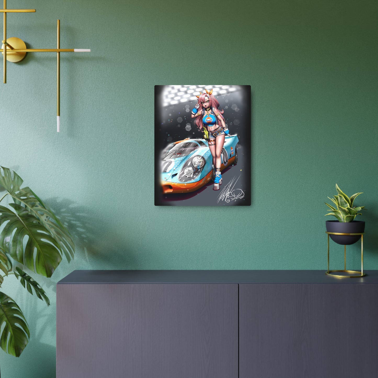 Anime Girl With Legendary Race Car Metal Print